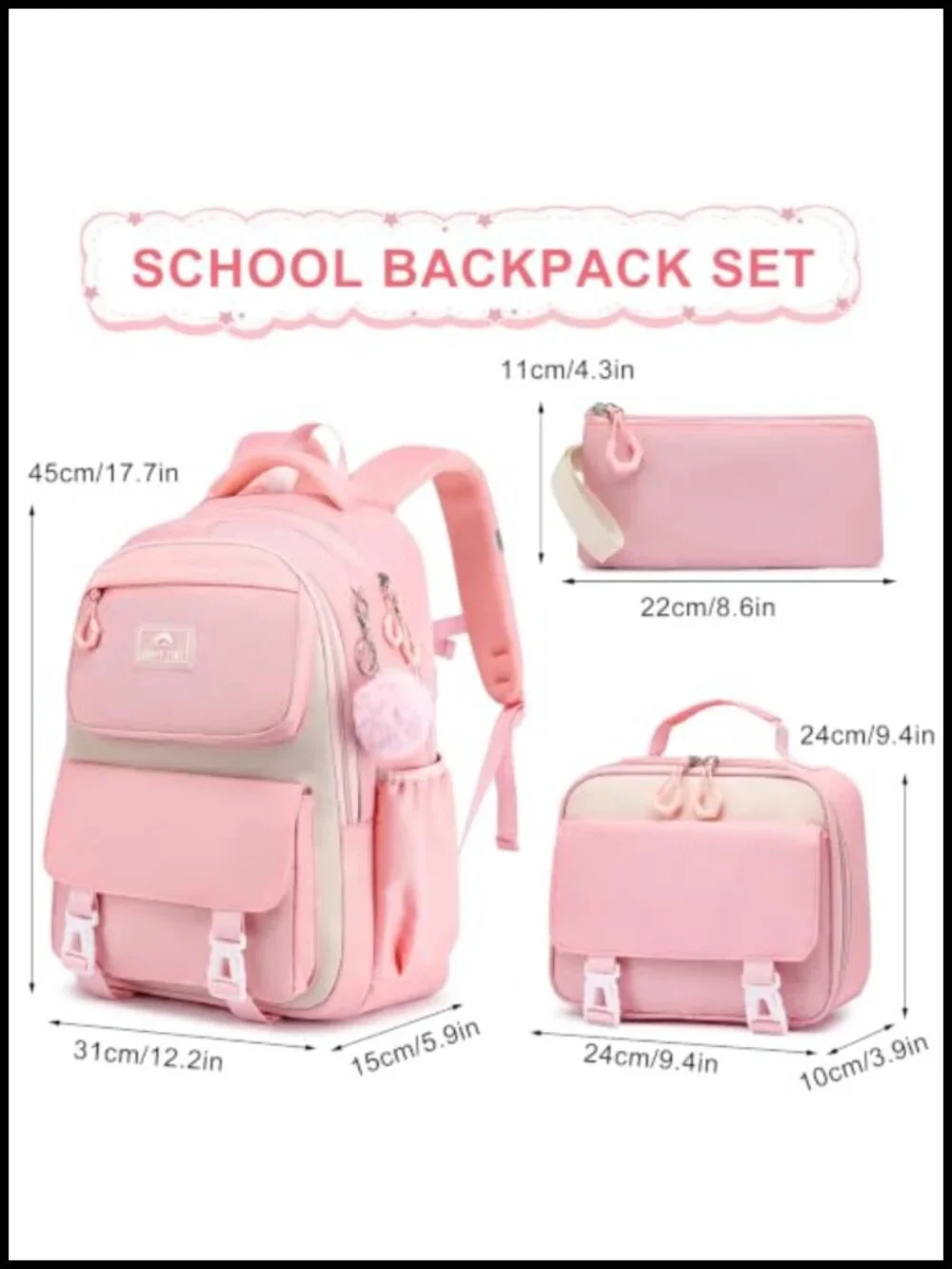 Girls School Backpack Set 3-Piece Bookbag with Lunch Box and Pencil Case